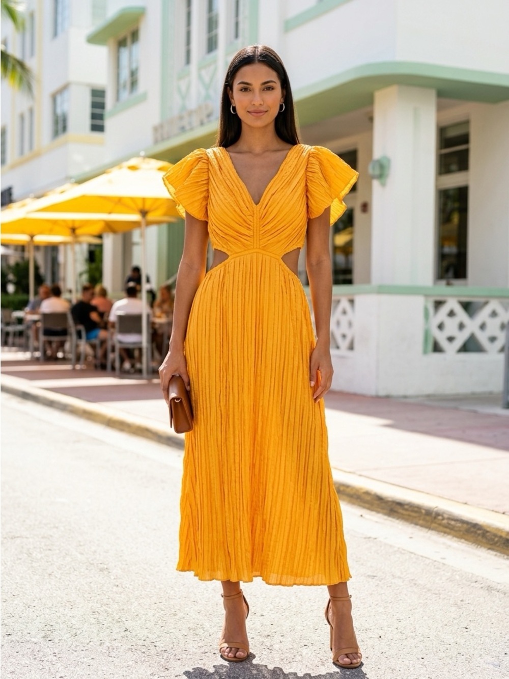 Express Bright Yellow Midi Dress with Flutter Sleeves